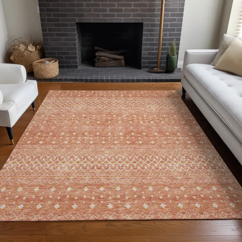 Salmon Gold And Ivory Tribal Washable Indoor Outdoor Area Rug Photo 9