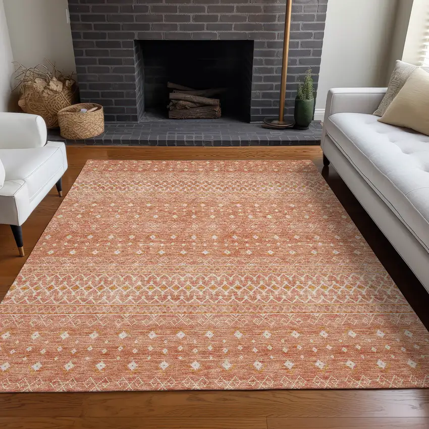 Salmon Gold And Ivory Tribal Washable Indoor Outdoor Area Rug Photo 9