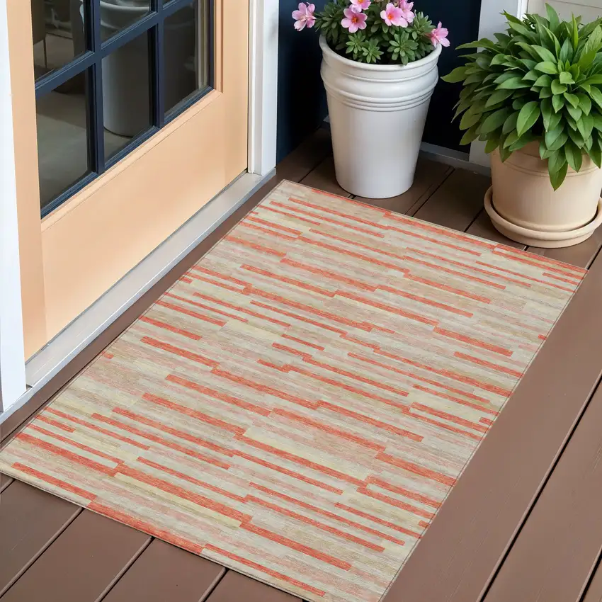 Salmon Gray And Beige Striped Washable Indoor Outdoor Area Rug Photo 1