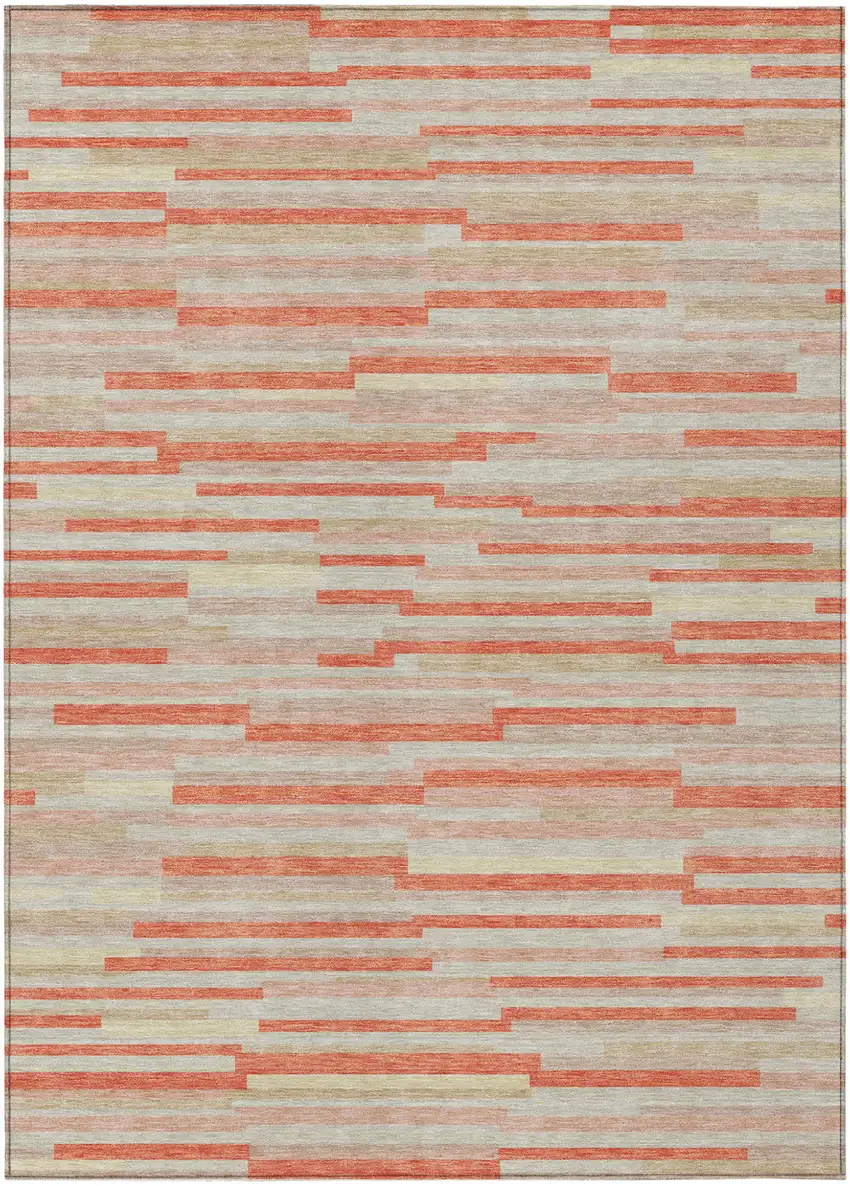 Salmon Gray And Beige Striped Washable Indoor Outdoor Area Rug Photo 2