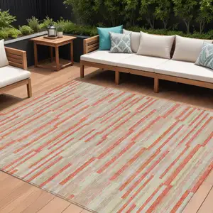 Photo of Salmon Gray And Beige Striped Washable Indoor Outdoor Area Rug