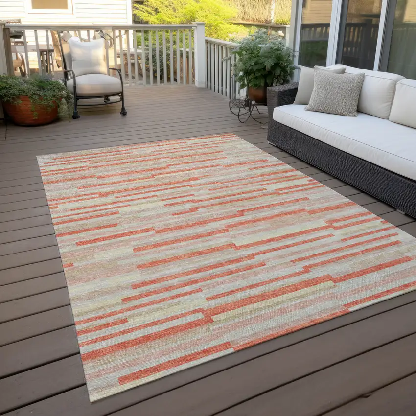 Salmon Gray And Beige Striped Washable Indoor Outdoor Area Rug Photo 8
