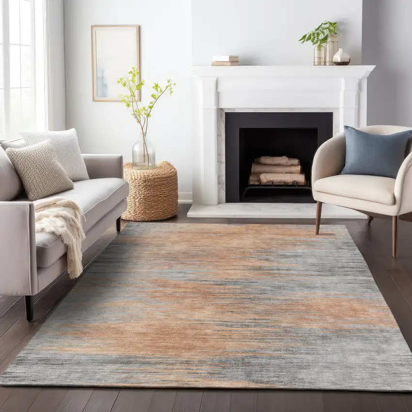 Salmon Gray And Charcoal Abstract Washable Indoor Outdoor Area Rug Photo 8