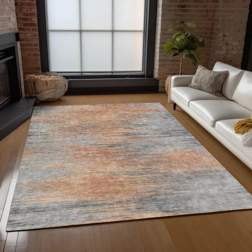 Salmon Gray And Charcoal Abstract Washable Indoor Outdoor Area Rug Photo 9