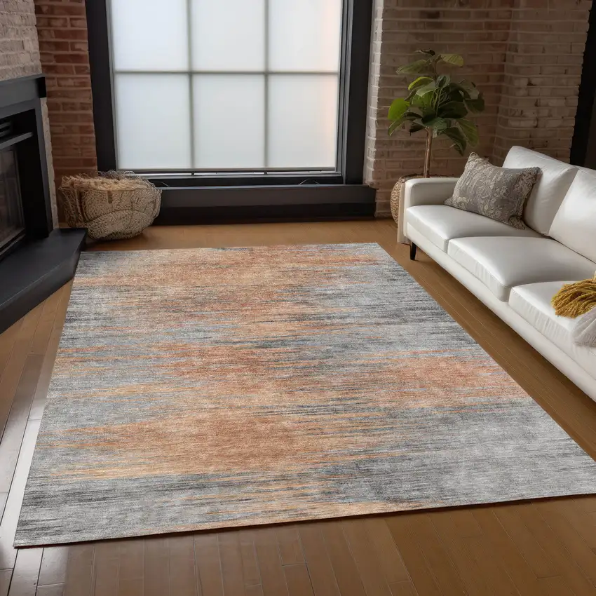 Salmon Gray And Charcoal Abstract Washable Indoor Outdoor Area Rug Photo 9