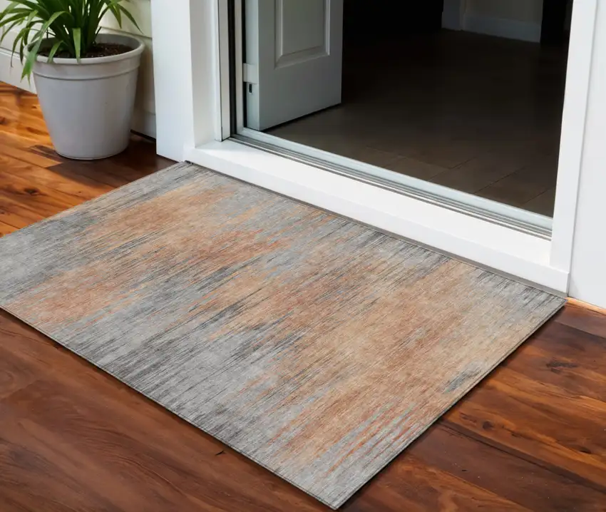 Salmon Gray And Charcoal Abstract Washable Indoor Outdoor Area Rug Photo 1