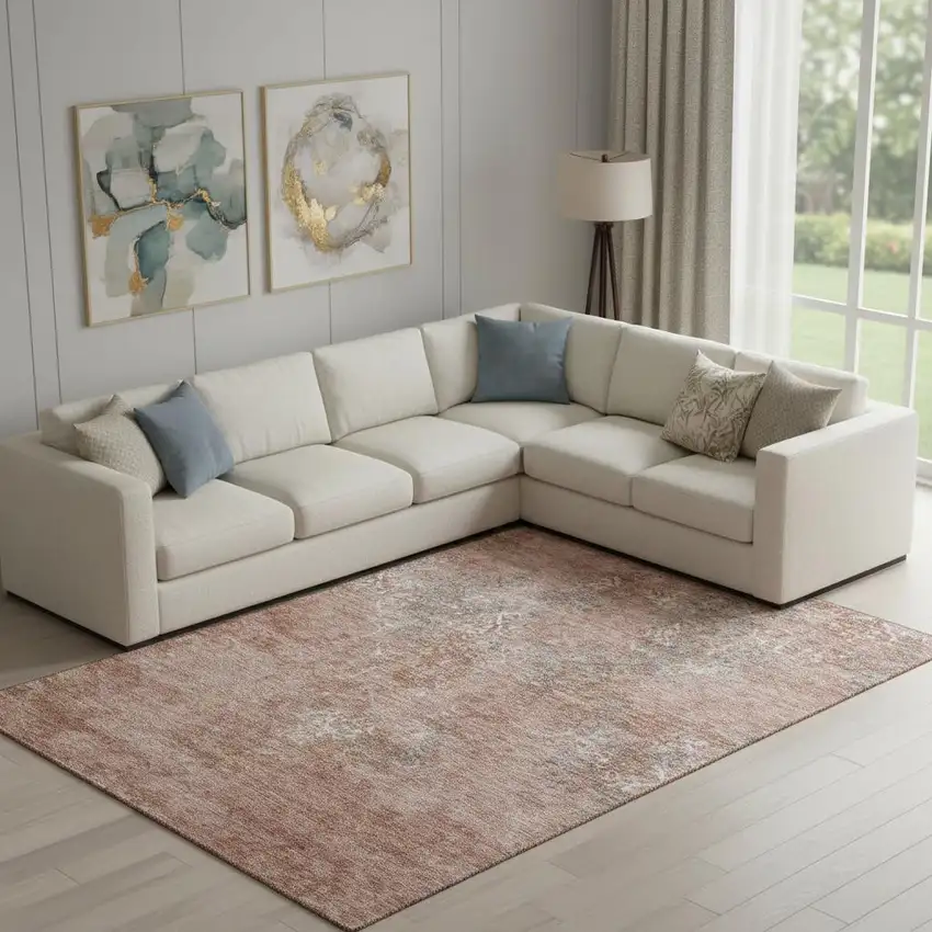 Salmon Gray And Ivory Abstract Washable Area Rug With UV Protection Photo 1