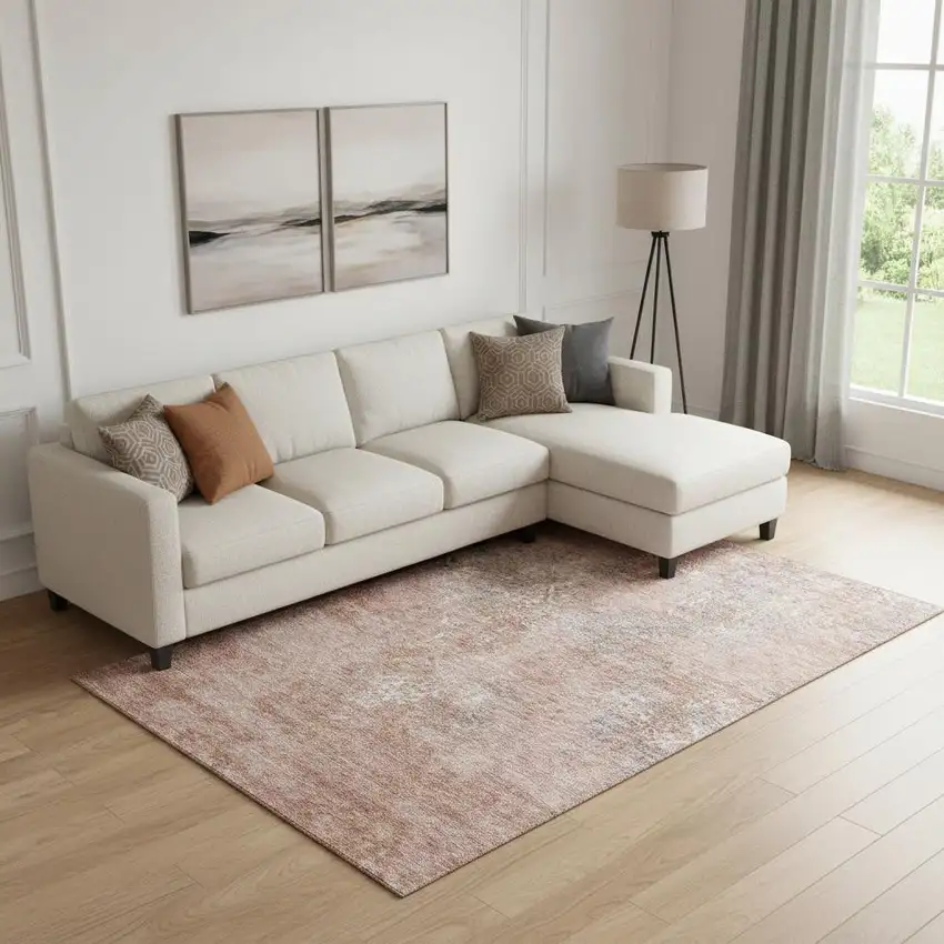 Salmon Gray And Ivory Abstract Washable Area Rug With UV Protection Photo 1