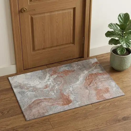 Salmon Gray And Ivory Abstract Washable Area Rug With UV Protection Photo 1