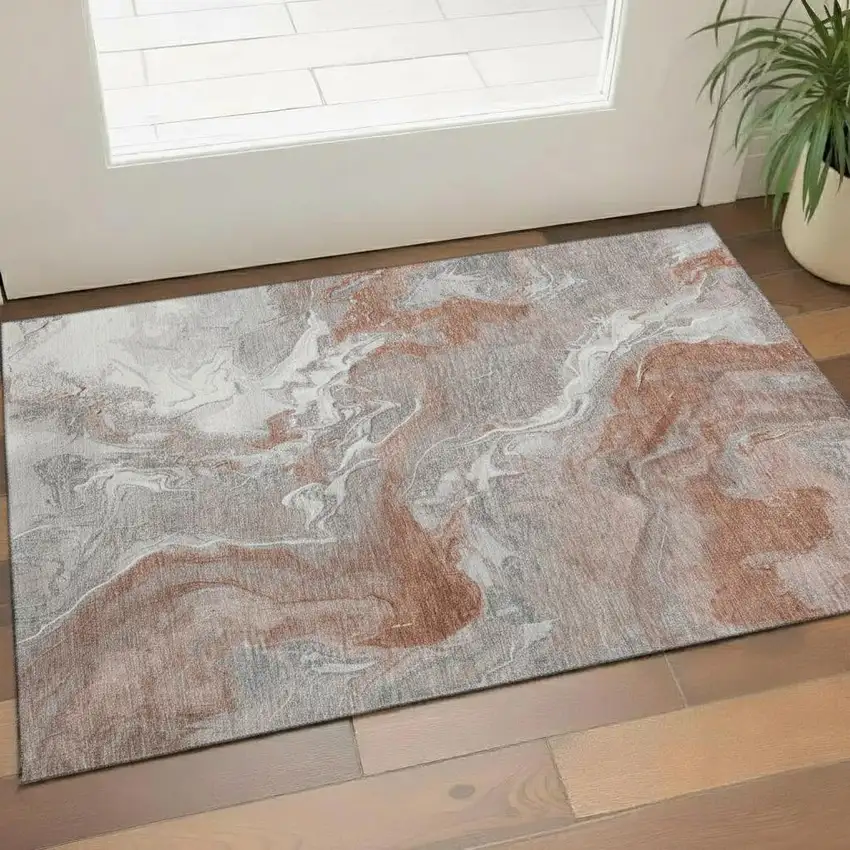 Salmon Gray And Ivory Abstract Washable Area Rug With UV Protection Photo 2