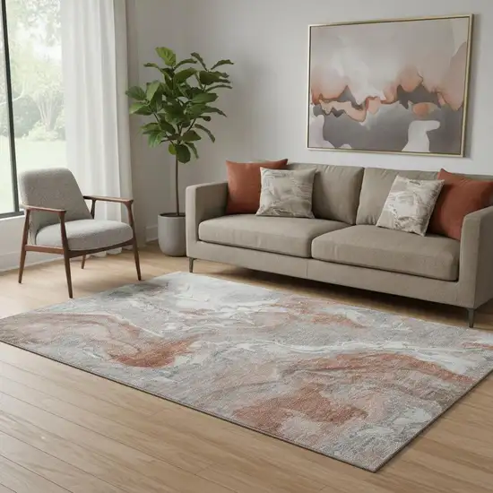 Salmon Gray And Ivory Abstract Washable Area Rug With UV Protection Photo 2