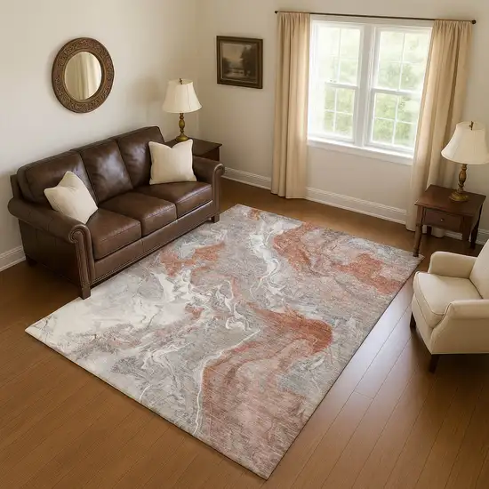 Salmon Gray And Ivory Abstract Washable Area Rug With UV Protection Photo 4