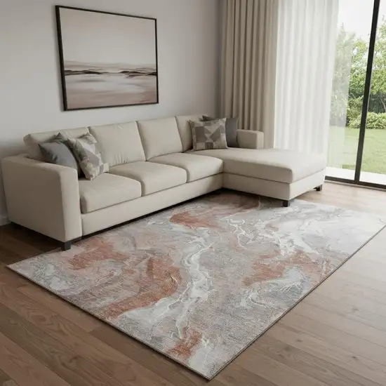 Salmon Gray And Ivory Abstract Washable Area Rug With UV Protection Photo 2