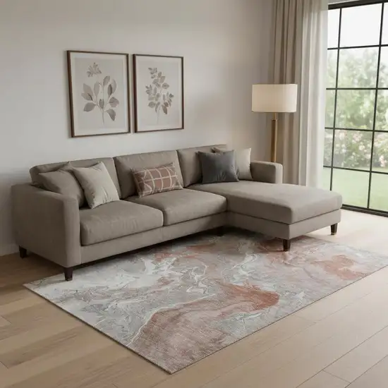 Salmon Gray And Ivory Abstract Washable Area Rug With UV Protection Photo 2