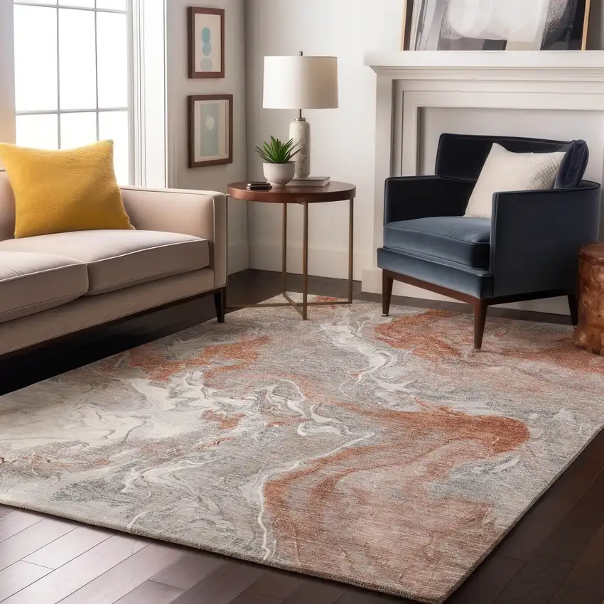 Salmon Gray And Ivory Abstract Washable Area Rug With UV Protection Photo 5