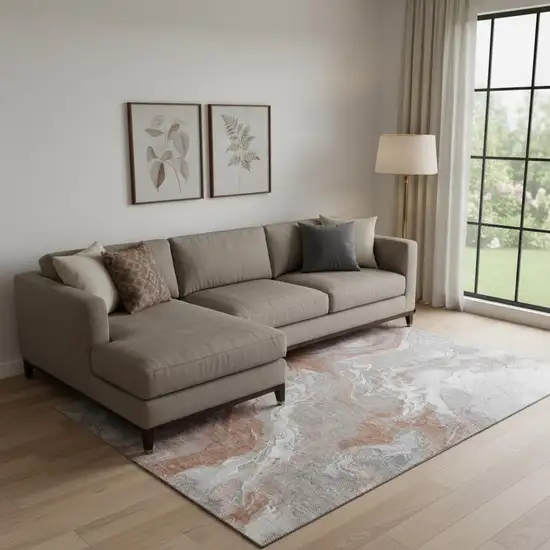 Salmon Gray And Ivory Abstract Washable Area Rug With UV Protection Photo 2