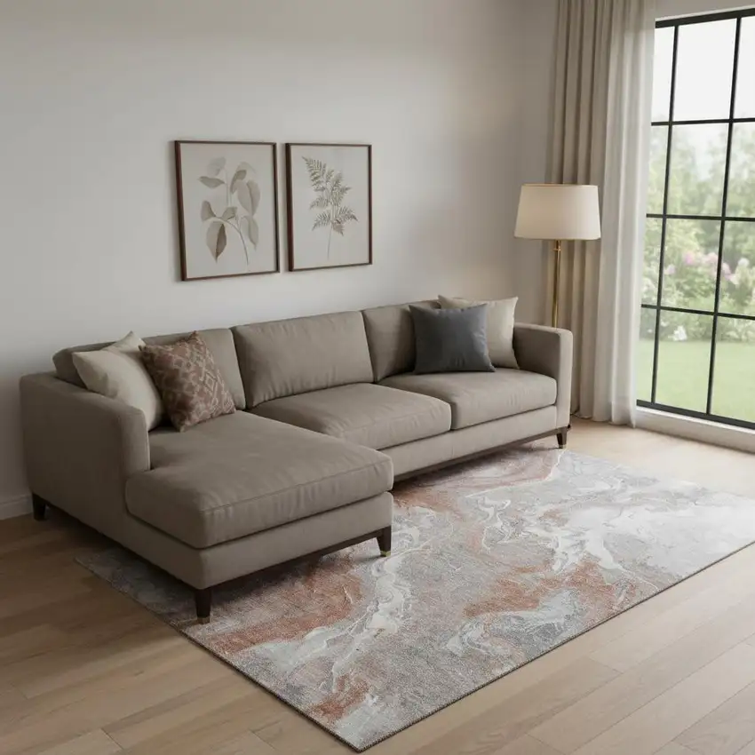 Salmon Gray And Ivory Abstract Washable Area Rug With UV Protection Photo 2