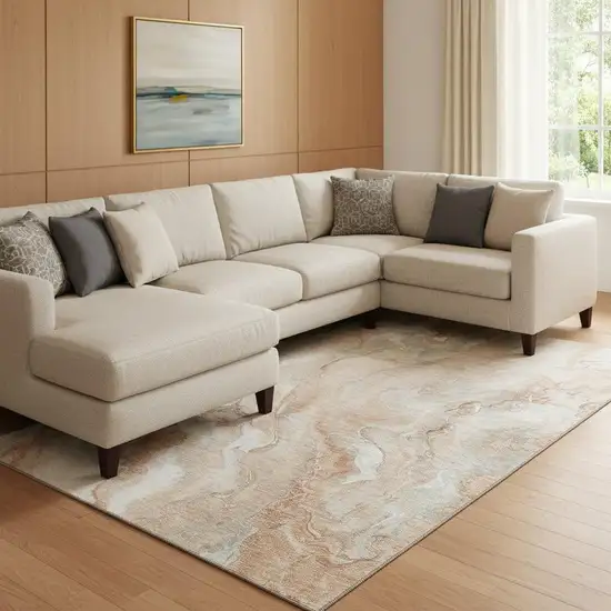 Salmon Gray And Ivory Abstract Washable Area Rug With UV Protection Photo 2