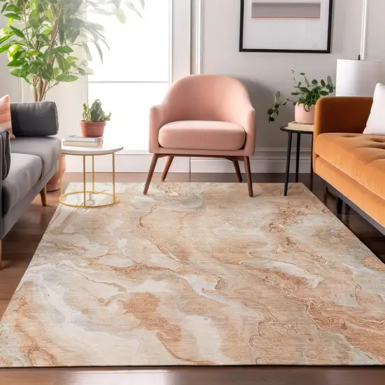 Salmon Gray And Ivory Abstract Washable Area Rug With UV Protection Photo 5