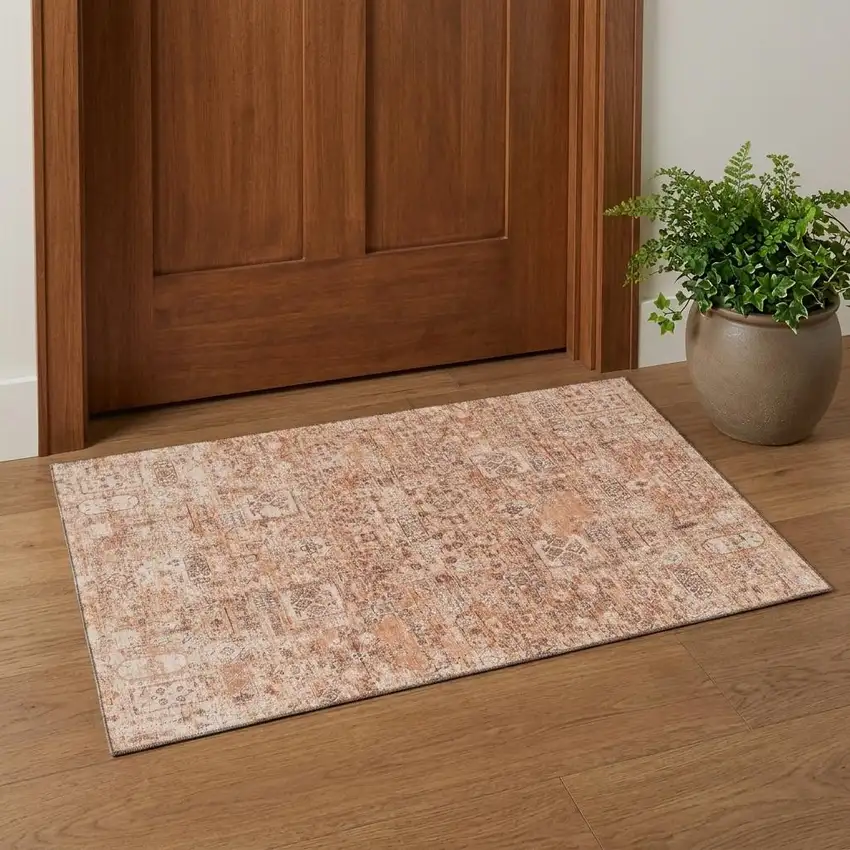 Salmon Gray And Ivory Floral Washable Area Rug With UV Protection Photo 1