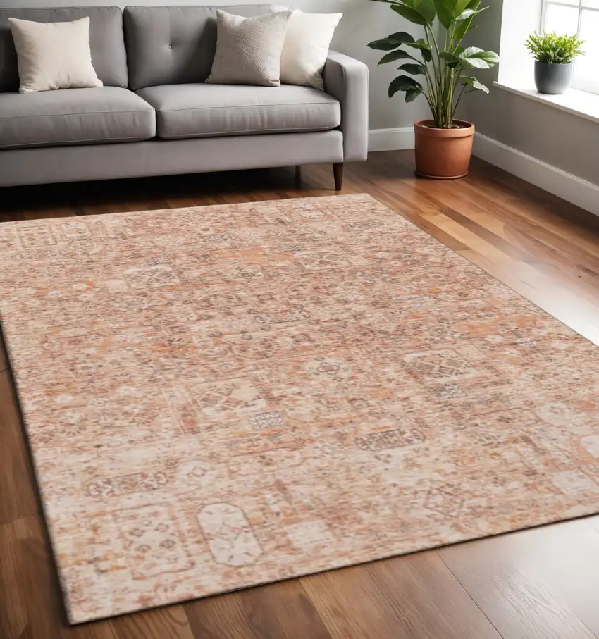 Salmon Gray And Ivory Floral Washable Area Rug With UV Protection Photo 2