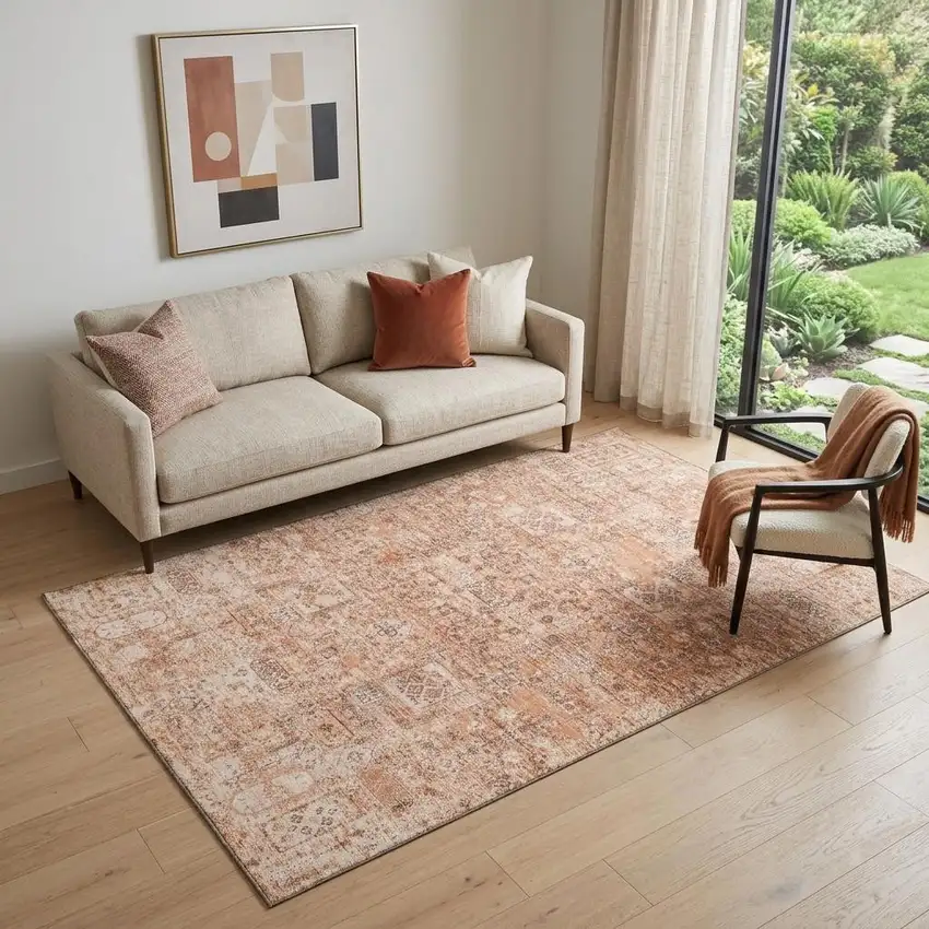 Salmon Gray And Ivory Floral Washable Area Rug With UV Protection Photo 1