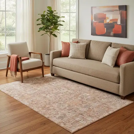 Salmon Gray And Ivory Floral Washable Area Rug With UV Protection Photo 1