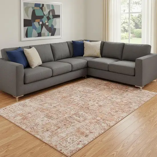 Salmon Gray And Ivory Floral Washable Area Rug With UV Protection Photo 1