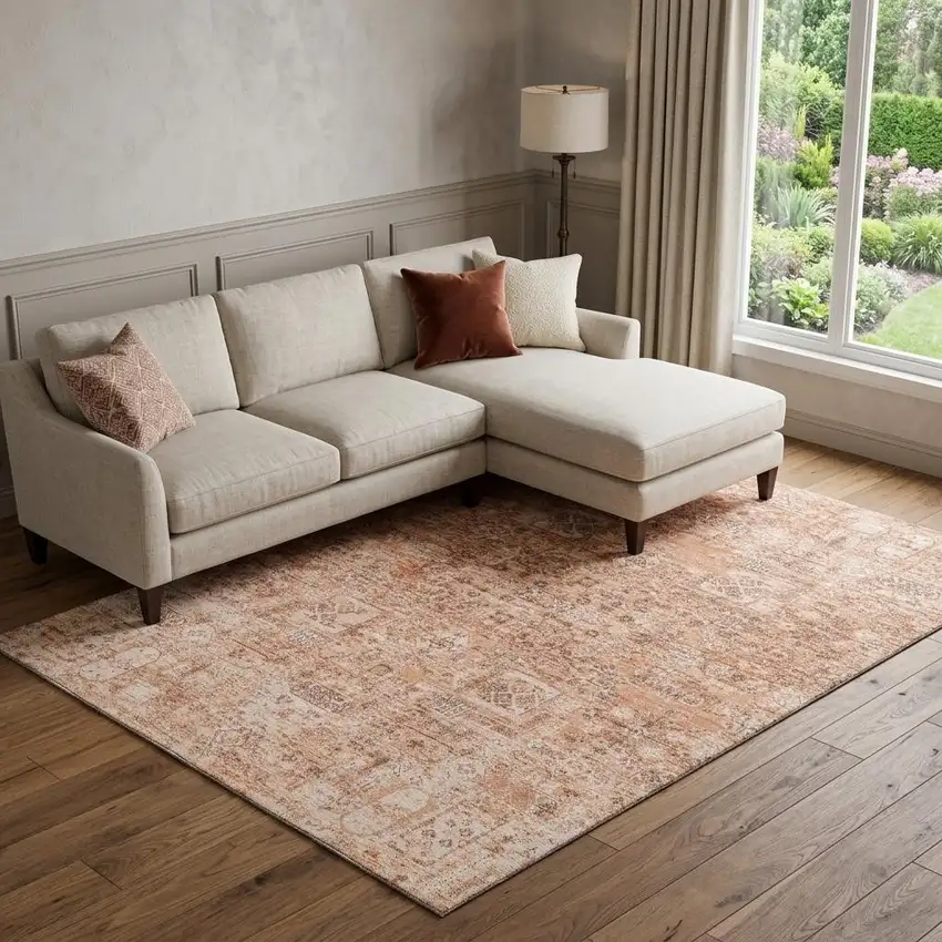 Salmon Gray And Ivory Floral Washable Area Rug With UV Protection Photo 1