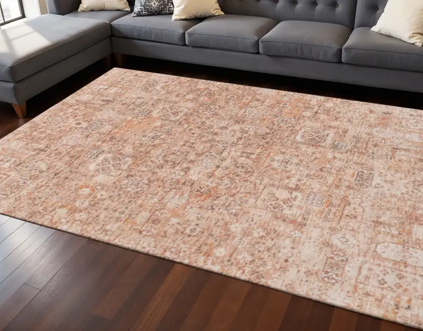 Salmon Gray And Ivory Floral Washable Area Rug With UV Protection Photo 2