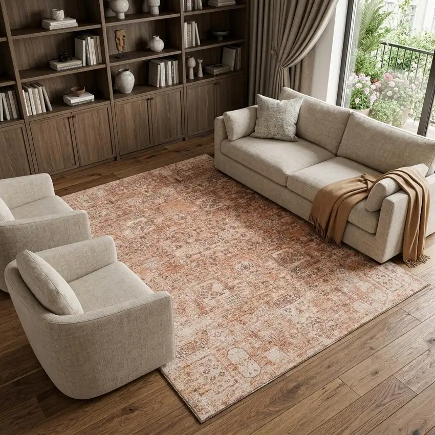 Salmon Gray And Ivory Floral Washable Area Rug With UV Protection Photo 1