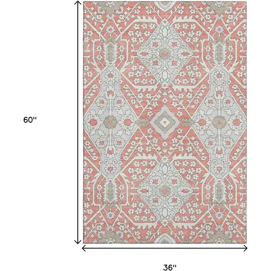 Salmon Gray And Ivory Floral Washable Area Rug With UV Protection Photo 3