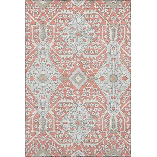 Salmon Gray And Ivory Floral Washable Area Rug With UV Protection Photo 5