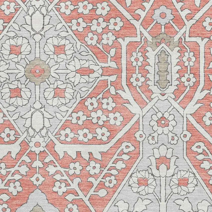 Salmon Gray And Ivory Floral Washable Area Rug With UV Protection Photo 4
