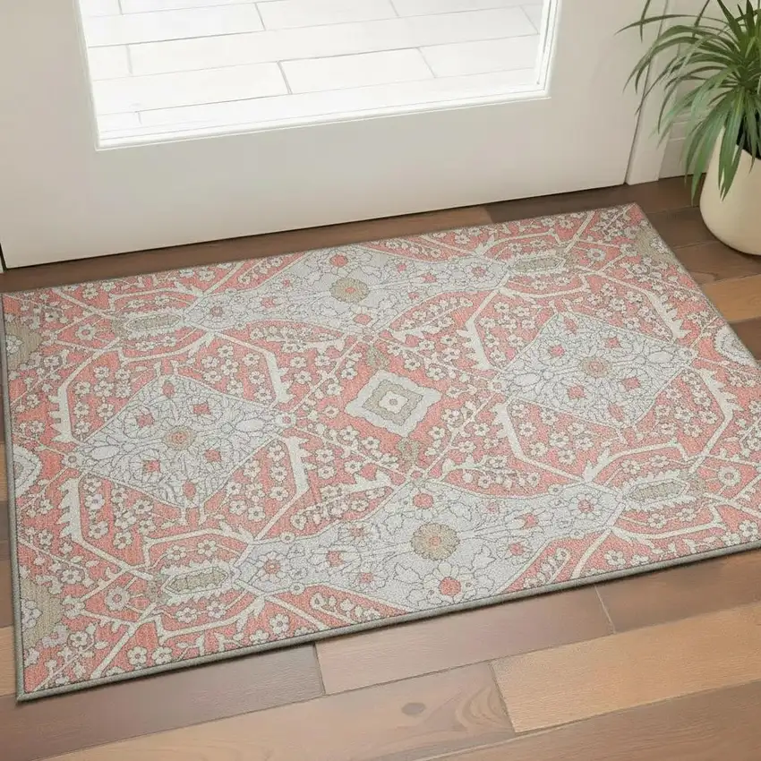 Salmon Gray And Ivory Floral Washable Area Rug With UV Protection Photo 1