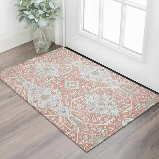 Salmon Gray And Ivory Floral Washable Area Rug With UV Protection Photo 1