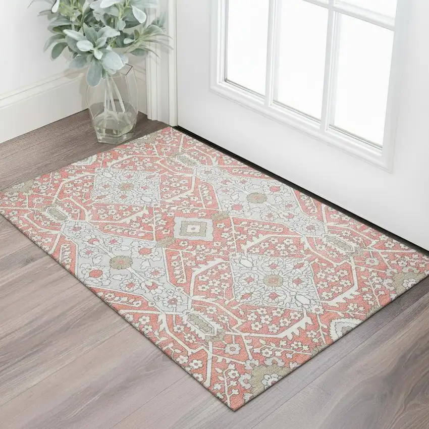 Salmon Gray And Ivory Floral Washable Area Rug With UV Protection Photo 1