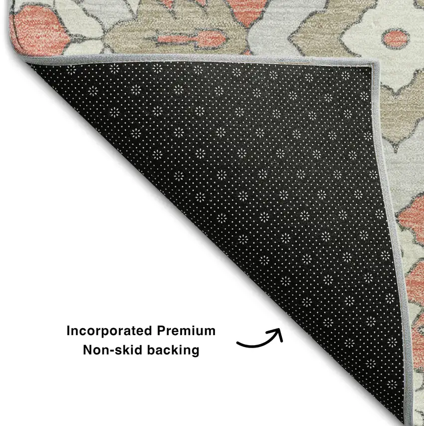 Salmon Gray And Ivory Floral Washable Area Rug With UV Protection Photo 8