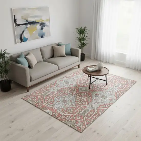 Salmon Gray And Ivory Floral Washable Area Rug With UV Protection Photo 1