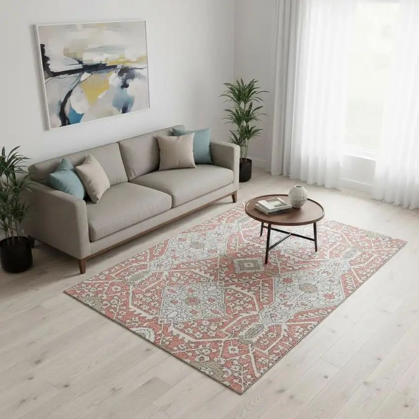 Salmon Gray And Ivory Floral Washable Area Rug With UV Protection Photo 1