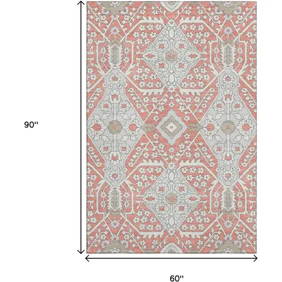 Salmon Gray And Ivory Floral Washable Area Rug With UV Protection Photo 3