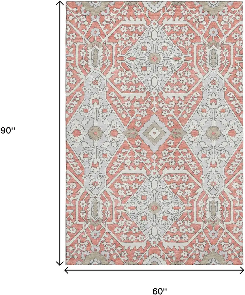 Salmon Gray And Ivory Floral Washable Area Rug With UV Protection Photo 3