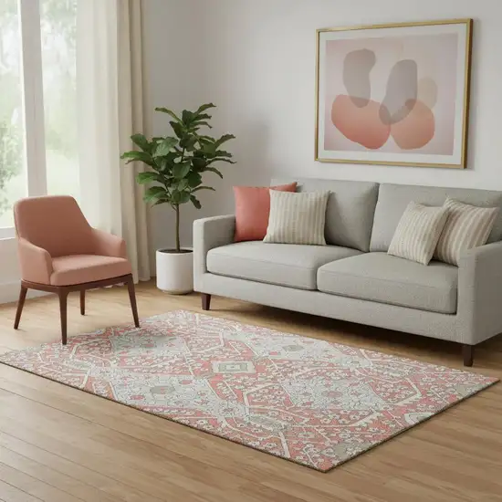 Salmon Gray And Ivory Floral Washable Area Rug With UV Protection Photo 1