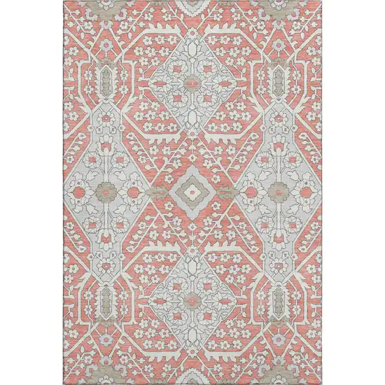 Salmon Gray And Ivory Floral Washable Area Rug With UV Protection Photo 2