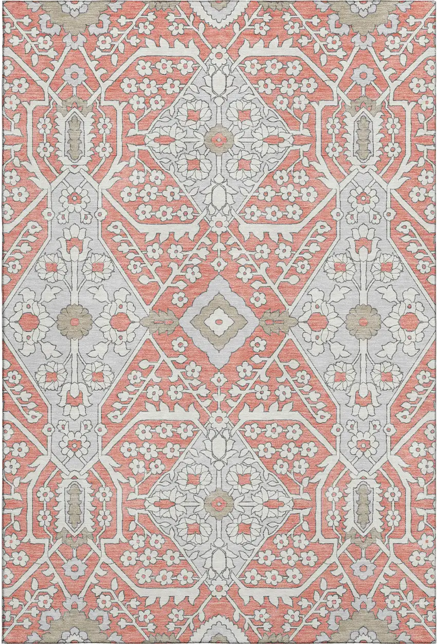 Salmon Gray And Ivory Floral Washable Area Rug With UV Protection Photo 2