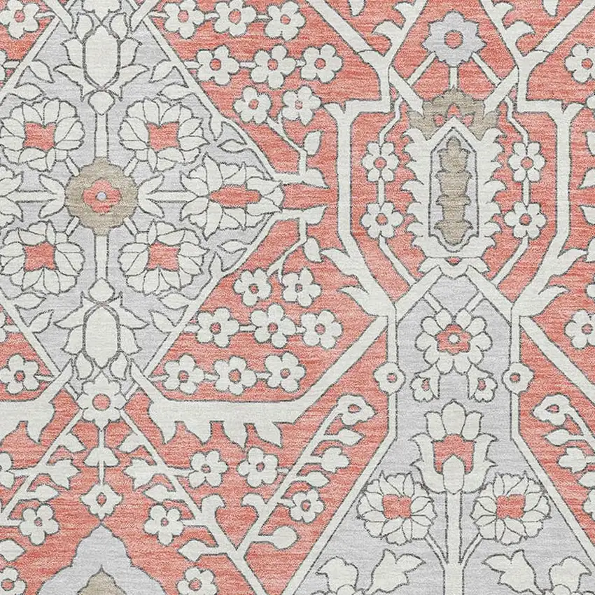 Salmon Gray And Ivory Floral Washable Area Rug With UV Protection Photo 4