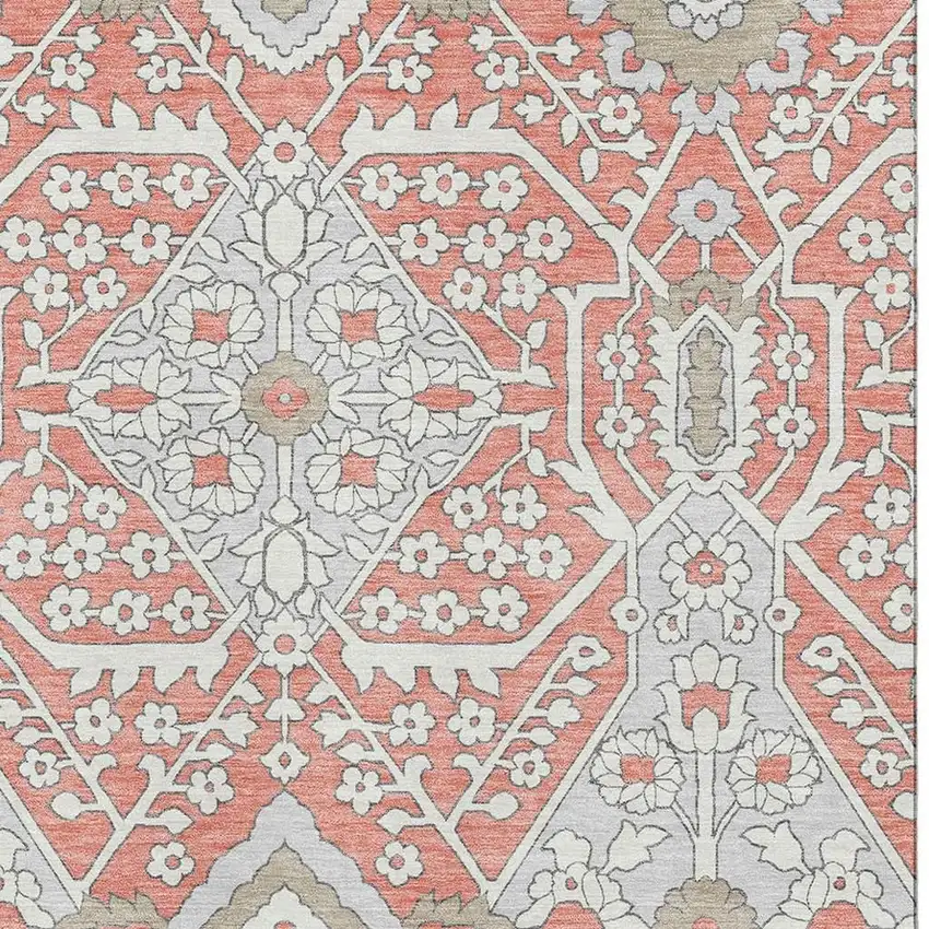 Salmon Gray And Ivory Floral Washable Area Rug With UV Protection Photo 5