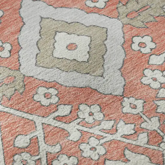 Salmon Gray And Ivory Floral Washable Area Rug With UV Protection Photo 9