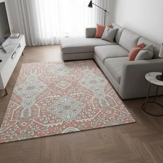 Salmon Gray And Ivory Floral Washable Area Rug With UV Protection Photo 1