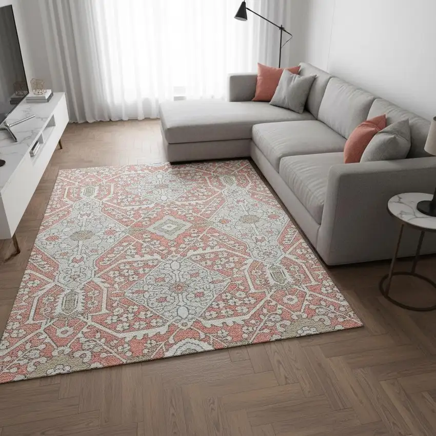 Salmon Gray And Ivory Floral Washable Area Rug With UV Protection Photo 1